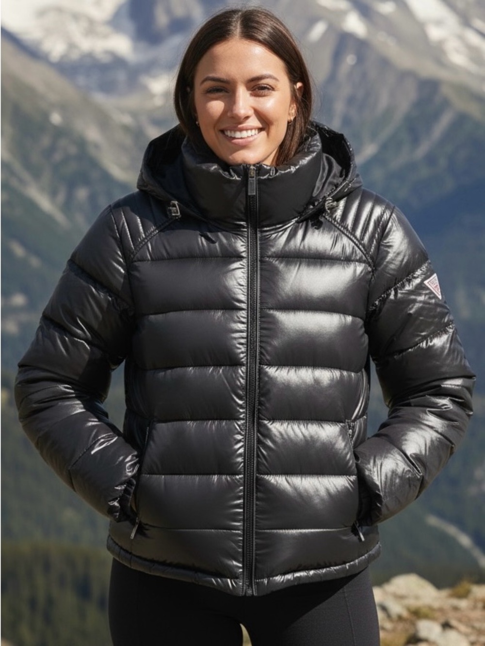 Guess Black Hooded Puffer Jacket Size XL